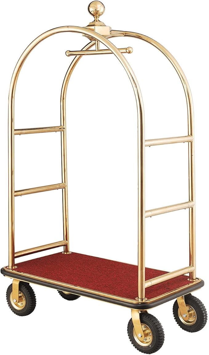 Global Industrial Gold Stainless Steel Bellman Cart Curved Uprights 8" Pneumatic Casters, 41-1/4"L x 24" W x 75" H, Hotel Luggage Cart for Commercial Use, Condos, Resorts