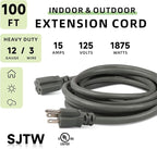 EP 100 Ft Outdoor Extension Cord, 12/3 SJTW Heavy Duty Extension Cable with 3 Prong Grounded Plug, 15 AMP Power Cord for Lawn, Garden, Appliances, Gray