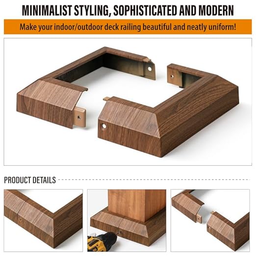 4 pcs 6"x6" (Actual: 5.5"x5.5") Aluminum Deck Post Base Cover, for Deck railings, Stairs, Patios, Porches Split Deck Post Skirt (Walnut Wood)