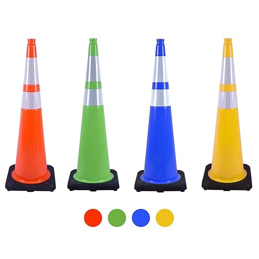 8 Pack 36 Inch Blue Traffic Cones with Reflective Tape, Heavy Duty Black Base Safety Cones for Airports, Warehouses and Large Event Spaces (8, Blue, 36 Inch)