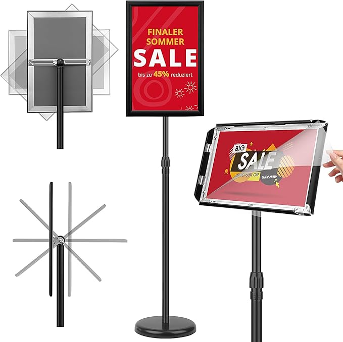 Adjustable Sign Holder Stand 11x17 inch,Pedestal Floor Signage Standing Holder with Heavy Duty Base, Aluminum Snap Open Frame Display for Business Restaurant, Mall,Schools-1 Pack