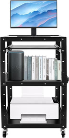 Steel Rolling AV Cart on Wheels, Commercial Furniture Mobile Utility Rolling Media Carts Computer Workstation with Height Adjustable Shelf, Keyboard Tray, Power Outlet and Plugs for Home Office, Black