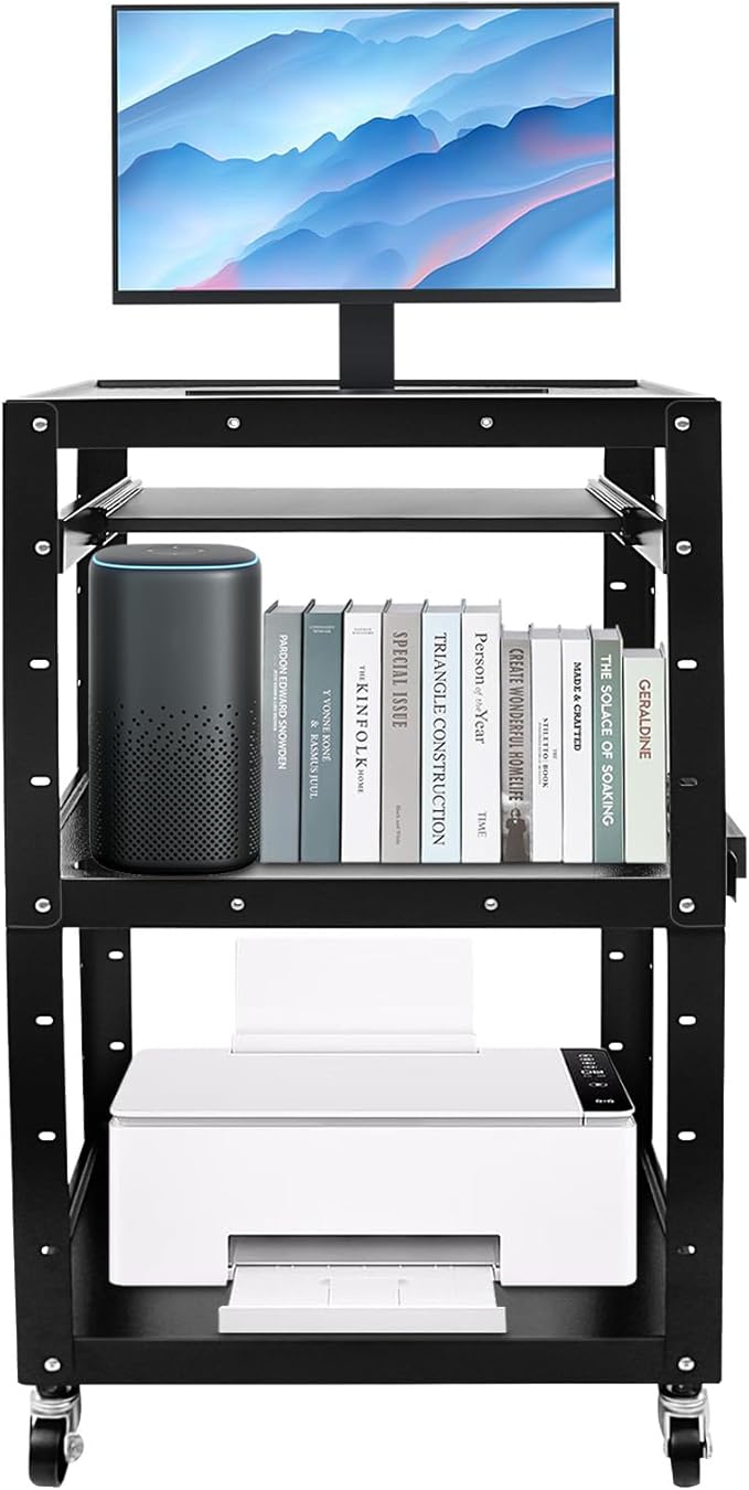 Mobile AV Presentation Cart Height Adjustable Computer Cart, Rolling Laptop Desk with Locking Wheels & Storage Shelf, for Home Office Classroom Video Projector TV Printers