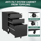 Mobile File Cabinet,3 Drawer Locking Storage Filing Cabinet,Office Metal Storage Cabinet on Wheels for Legal/Letter/A4 File(Fully Assembled，Black)