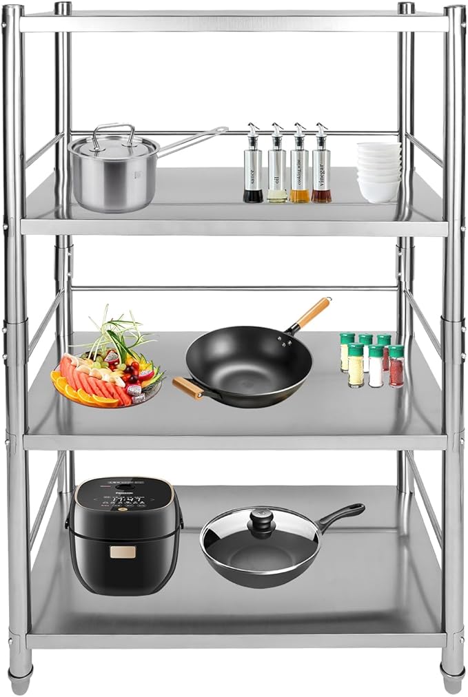 Stainless Steel Shelving, 31.5"x15.8" 4 Tier Adjustable Shelf Storage Organizer, 200lbs/Layer Heavy Duty Commercial Office Garage Storage Unit, Standing Shelf Shelving for Store & Display Good