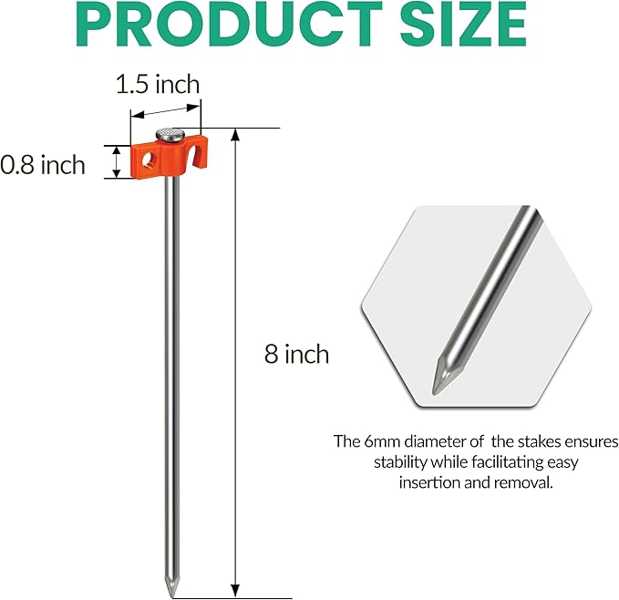 Tradesparker Tent Stakes 12-Pack 8Inch Heavy Duty Garden Stakes Canopy Anchors Double-Sided Hook Design - Includes Ropes for Camping Tents, Pop Up Canopies and Outdoor Events, Green