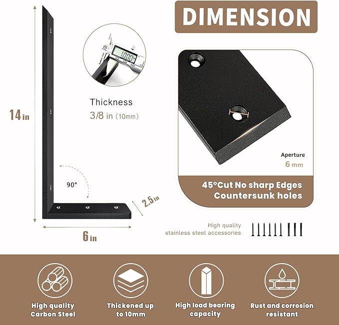 Countertop Support Bracket 14 Inch 3 Pack Countertop Bracket for Granite 3/8" Thick 14"x6"x2.5" Heavy Duty L Brackets Shelf Brackets Metal Corbels for Quartz/Granite/Wood/Concret/ Laminate Countertops