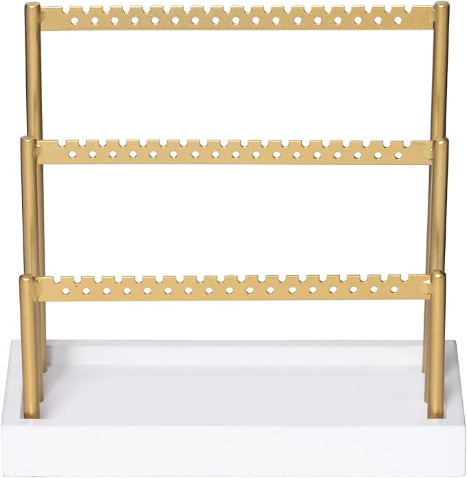 SANY DAYO HOME 3-Tier Earring Holder Organizer Stand, 105 Holes Gold Metal Earring Rack Jewelry Display Tree with White Wood Tray for Women and Girls