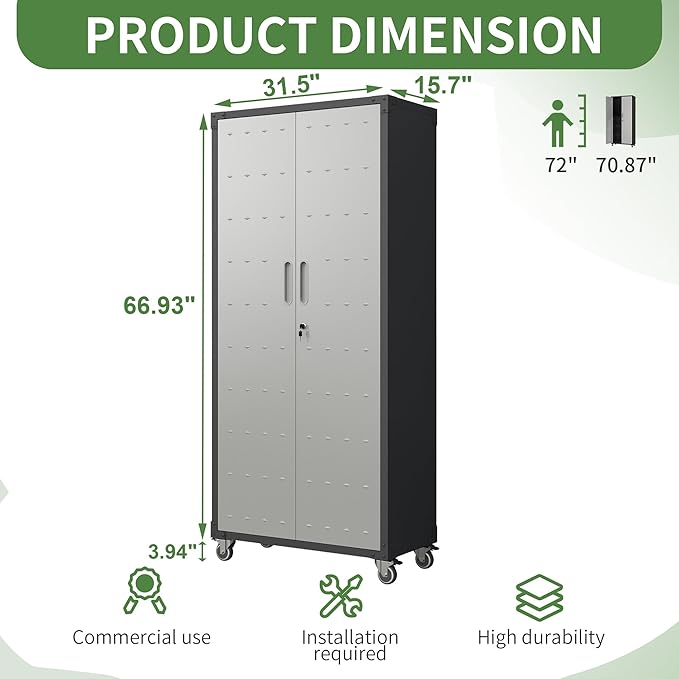 71'' Garage Storage Cabinet on Wheels Metal Tool Cabinets with Locking Doors and 3 Adjustable Shelves,Heavy Duty Tall Rolling Steel Cabinets for Garage Warehouse Basement Office