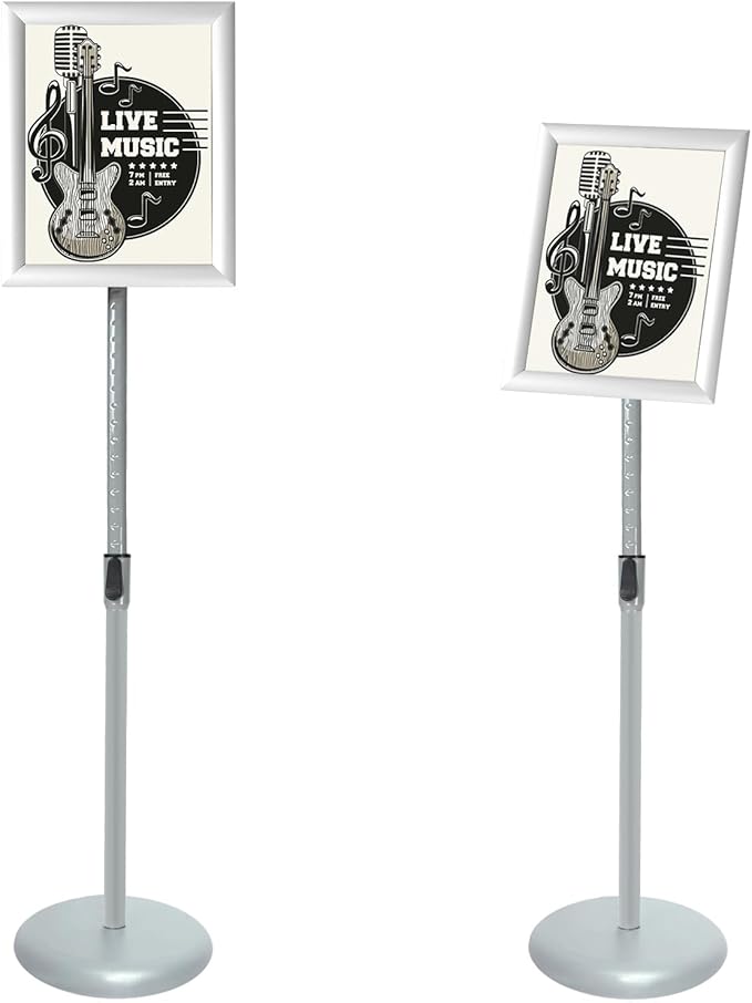 Adjustable Poster Sign Stand with Heavy Duty Base Sign Holder Aluminum Snap Open Frame for 8.5 x 11 inches Both Vertical and Horizontal View Displayed Used for Living and Business(Silver-2pack）