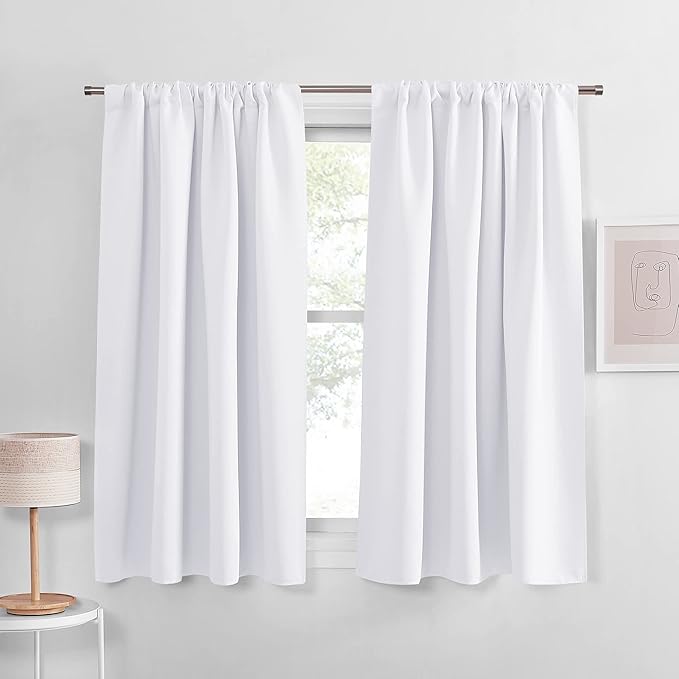 PONY DANCE Curtains 45 inch Length - Window Drapes Double Panels Home Decor Rod Pocket Curtain Draperies for Kitchen & Bedroom Privacy Protect Semi-Blackout, 52 by 45 inch, Pure White, 2 Pieces