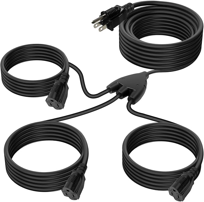 Black 25FT Outdoor Extension Cord,Evenly Spaced 3 Outlets Plugs,16/3 SJTW Wire with Safety Cover for Outdoor String Lights, Landscaping Light, Holiday Decoration and Christmas,UL Listed