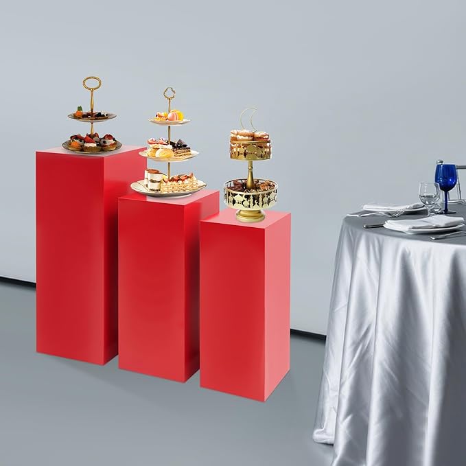 Eapmic Pedestal Stands for Party, Cake Pedestal Stand, Dessert Table Display Plinth Pillars, Sculpture Display Column Decoration Cube for Wedding Birthday (Red, Square-3Pcs(31.49"+25.59"+23.62"))