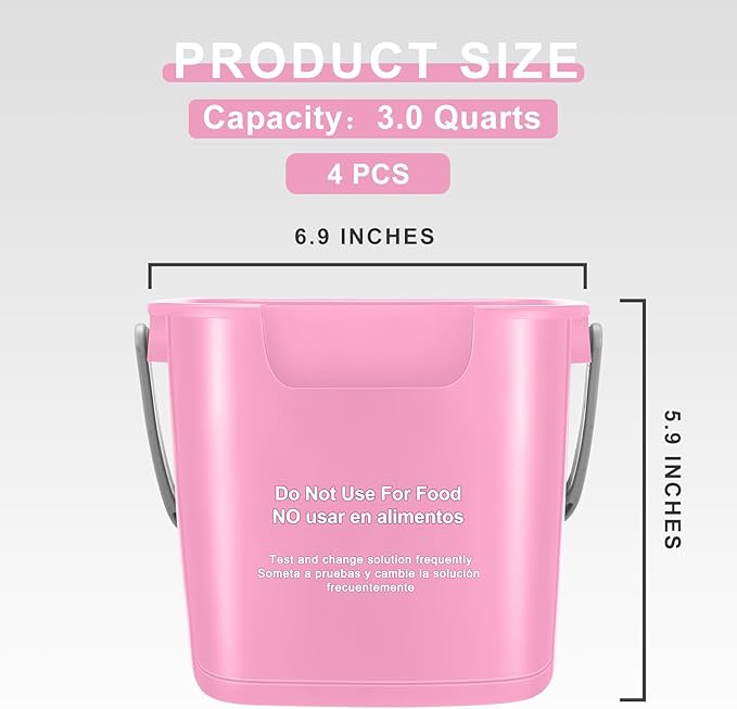 Yaomiao 4 Pcs Cleaning Bucket 3 Quart Small Sanitizing Square Bucket Detergent Pail with Measurements Spout and Handle for Home Commercial Use Restaurant Kitchen Office (Pink)