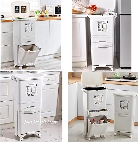 Double Layers Double Barrel Waste Sorting Bin with Wheels & Lid - Large Vertical Garbage Can for Kitchen, Bathroom, Home & Office