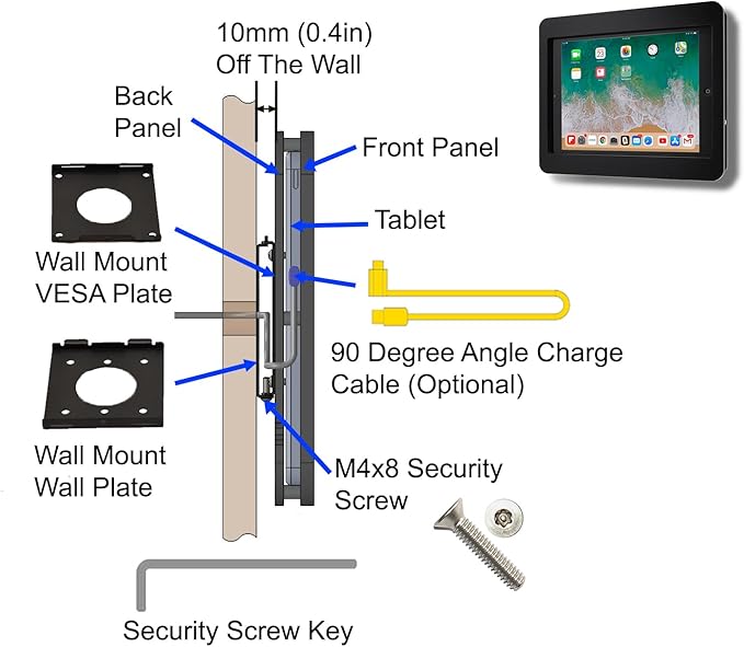 TABcare Anti-Theft Acrylic VESA Enclosure for Apple iPad Pro 11" 2024 M4 2025 M5 with Free Wall Mount Kit & 90-Degree Angle USB C Cable (White)