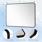 24x30 Inch Rectangle Bathroom Mirror with Black Metal Frame, Rounded Corner Rectangular Vanity Mirror for Wall, Modern Large for Bedroom, Living Room, Horizontal or Vertical