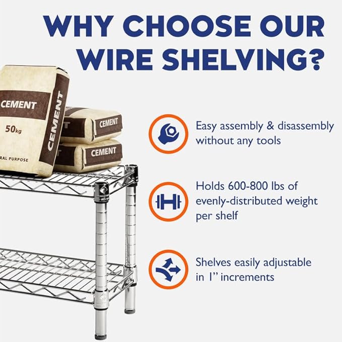 Shelving Inc. 8" d x 18" w x 54" h Black Wire Shelving with 4 Tier Shelves, Weight Capacity 300lbs Per Shelf