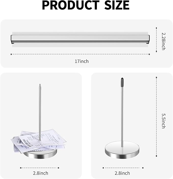 17 Inch Aluminum Ticket Holder Rail with 2 Receipt Stabbers for Restaurant, Kitchen, Bar