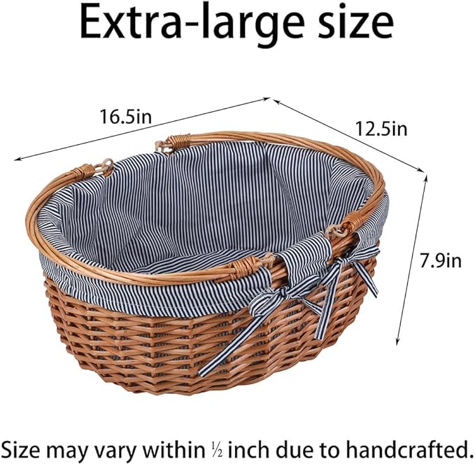 Large Wicker Picnic Basket with Handles,Handle Sturdy Woven Body with Removable and Washable Lining,Outdoor Camping,Gift Packing,Garden Picking, Storage.Gray