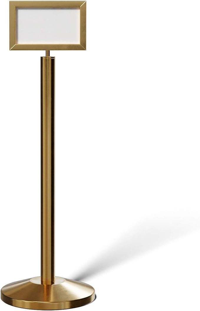 Crowd Control Warehouse Pedestal Standing Floor Sign Frame with Sloped Base, 7x11 Inch Horizontal, Satin Brass