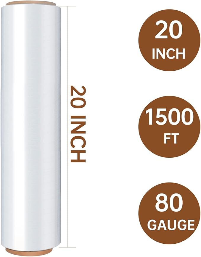 Stretch Wrap Roll 20" x 1,500ft, 80 Gauge – Clear Plastic Wrap for Moving, Packing, Pallet & Furniture – Heavy Duty Shrink Wrap Alternative, Industrial Strength Stretch Film (4 Rolls/Case)