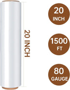 Stretch Wrap Roll 20" x 1,500ft, 80 Gauge – Clear Plastic Wrap for Moving, Packing, Pallet & Furniture – Heavy Duty Shrink Wrap Alternative, Industrial Strength Stretch Film (4 Rolls/Case)