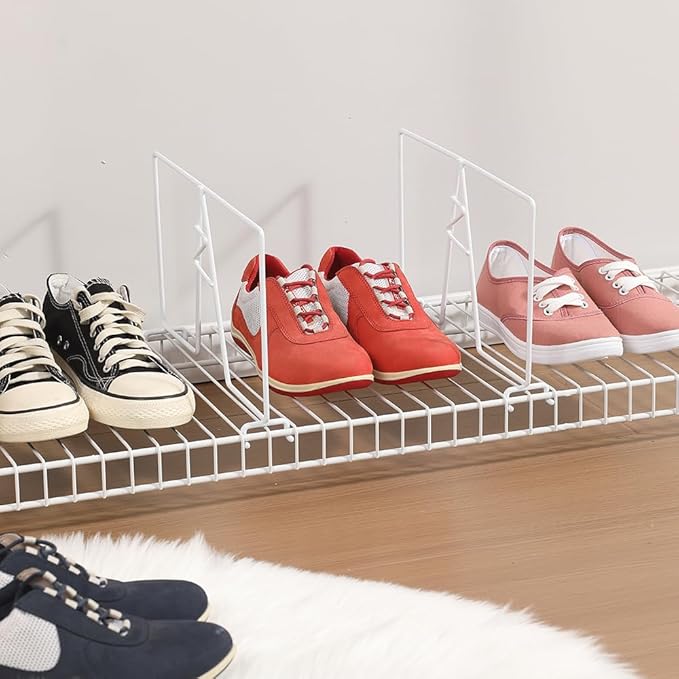 Wire Shelf Dividers - White Closet Organization & Storage Organizer - No Tool Shelf Divider for Wire Shelves - Metal Shelf Accessories – for 12“ Deep Wire Shelves – Tall 7” Height – 4 Pack