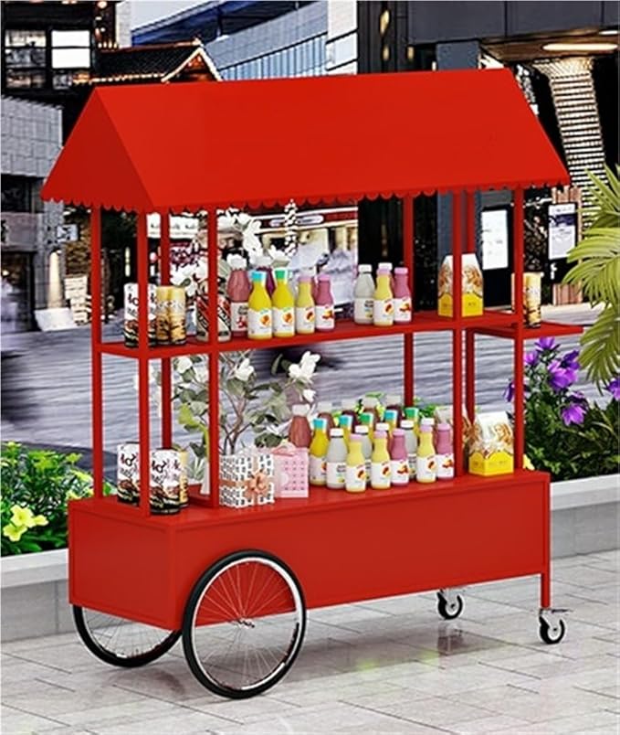Portable Food Cart with Striped Canopy, Mobile Vendor Display Stand with Lockable Wheels, Iron Outdoor Cart for Market, Street Food or Events(Red,55.1in)