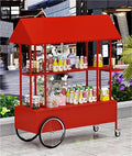 Portable Food Cart with Striped Canopy, Mobile Vendor Display Stand with Lockable Wheels, Iron Outdoor Cart for Market, Street Food or Events(Red,47.2in)