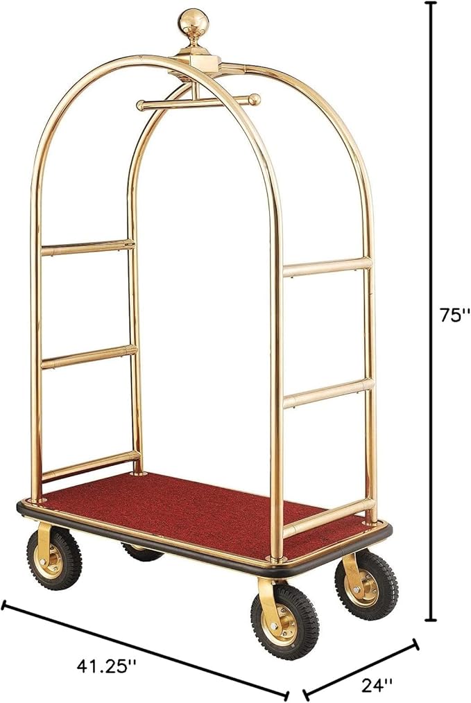 Global Industrial Gold Stainless Steel Bellman Cart Curved Uprights 8" Pneumatic Casters, 41-1/4"L x 24" W x 75" H, Hotel Luggage Cart for Commercial Use, Condos, Resorts