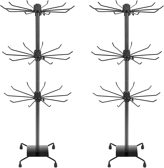 3 Tier Spinner Display Rack Retail Display Stand Metal Rotating Display Rack for Jewelry Keyring Socking HatsToys，Movable Shop Spinner，Adjustable height， Black,Pack of 2