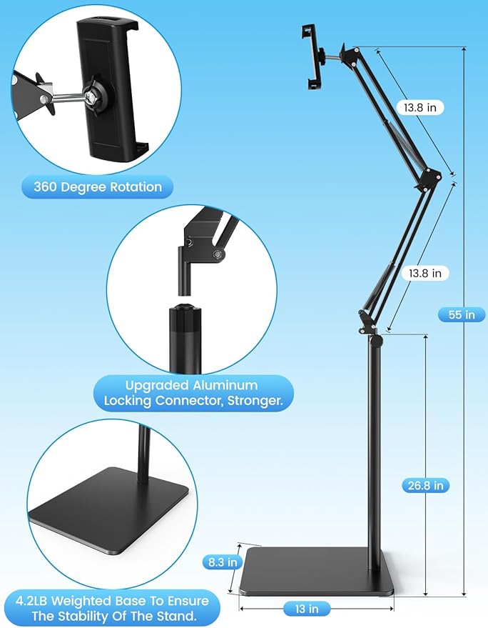 Tablet Floor Stand with 4.2LB Base,Overhead Bed Phone Stand Angle Height Adjustable Tablet Holder Bed,Phone Stand for iPad/iPhoneX/iPad Pro Air Mini, Samsung Tab,E-Readers…
