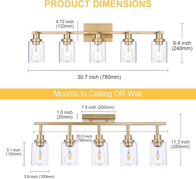 5-Light Multi-Directional Rotating Kitchen Tracking Lights Gold, Modern Track Lighting Fixture with Clear Glass, Bathroom Ceiling Vanity Lights Track Lighting Kits for Kitchen Accent Shop