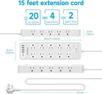 Power Strip Surge Protector Flat Plug with 20 AC Outlets 6 USB Chagring Ports, 1875W/15A, 2700J, 15 Ft Heavy Duty Extension Cord for Home, Office, Dorm, Gaming,ETL Listed (White, 15Feet)
