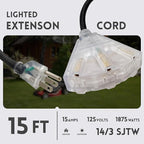 EP 15 Ft Lighted Outdoor Extension Cord with 3 Electrical Power Outlets - 14/3 SJTW Heavy Duty Black Extension Cable with 3 Prong Grounded Plug - Power Cord for Lawn, Garden, Appliances