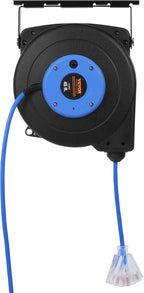 VEVOR Retractable Extension Cord Reel, 45 FT, Heavy Duty 12AWG/3C SJTOW Extension Power Cord with Lighted Triple Tap Outlet, 15A Circuit Breaker 180° Swivel Bracket for Ceiling or Wall Mount, Blue