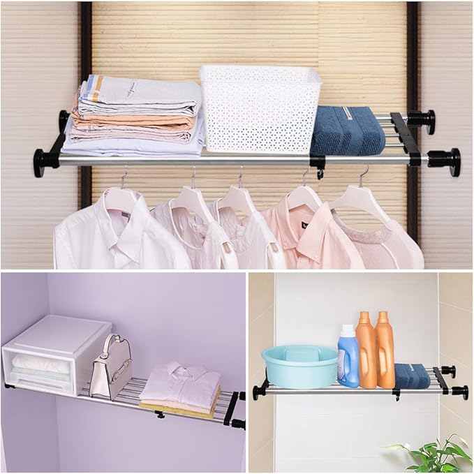 BAOYOUNI Adjustable Shelving Expandable Closet Shelves Tension Rod Clothes Hanger Storage Rack DIY Cabinet Wardrobe Kitchen Bathroom Divider Separator Organizer, Black, 2 Pack