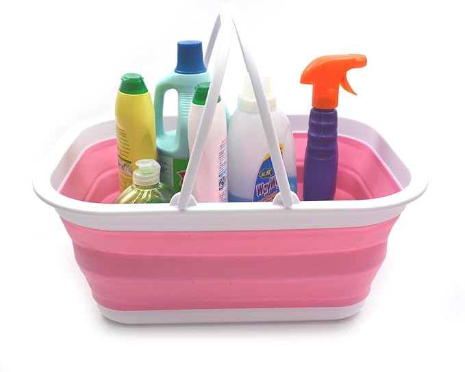 SAMMART 15.5L (4.1 Gallons) Collapsible Tub with Handle - Portable Outdoor Picnic Basket/Crate - Foldable Shopping Bag - Space Saving Storage Container (Pink)