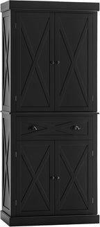 HOMCOM 72" Kitchen Pantry Storage Cabinet, Traditional Freestanding Pantry Cabinet with 4 Doors and 2 Adjustable Shelves, Large Central Drawer, X-Frame, Black