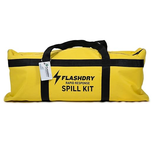 Set of 2 Flashdry Portable Complete Spill Kits with Yellow Duffle, Bag Tag, 15 Spill Absorbent Pads, 2 3"x4' Sorbent Socks, Disposal Bags, Nitrile Gloves