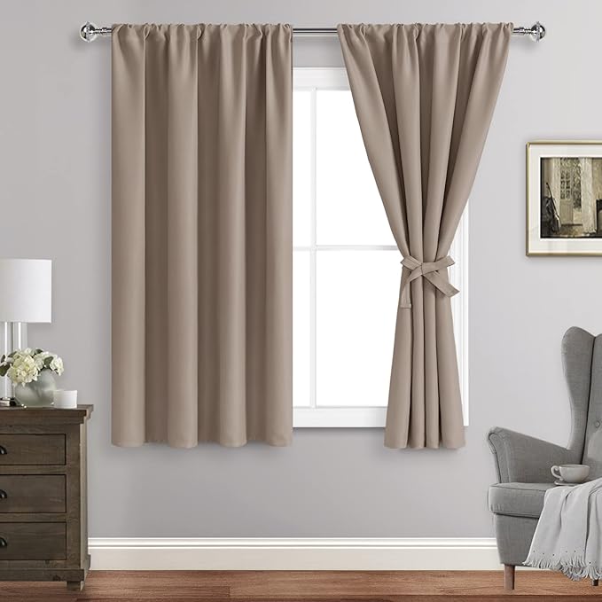 JIUZHEN Blackout Curtains for Bedroom - Thermal Insulated Room Darkening Noise Reducing, 38 x 54 Inch Length Curtains for Living Room, Set of 2 Panels with Tiebacks, Camel