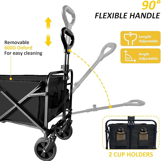 Collapsible Utility Cart Folding Wagon, 220 lbs Capacity Lightweight Rolling Cart with Quiet Wheels, Quick-Fold Design for Camping, Shopping, Ourdoor Use,Black 2PCS