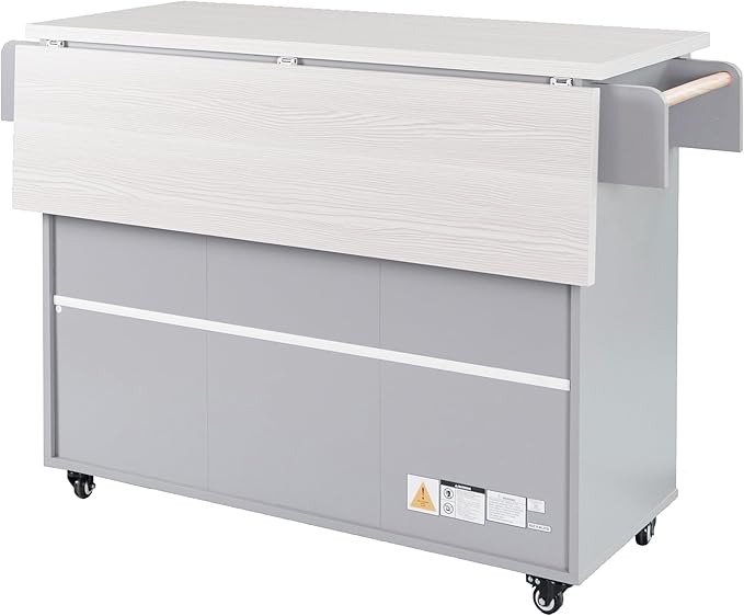 51" Moveable Kitchen Island with Trash Can Storage Cabinet, Kitchen Cart with Drop Leaf, Spice Rack, Towel Rack and Drawer, Rolling Kitchen Island on 5 Wheels with Adjustable Shelf, Grey