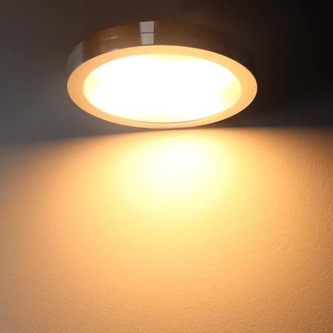 YGS-Tech LED Puck Lights, Under Cabinet Lighting Silver Trim, 3000K Warm White, CRI90+, Touch Dimming, All Accessories Included, Under Counter Lighting for Kitchen, Closet Lights, Safe Light, 3-Pack