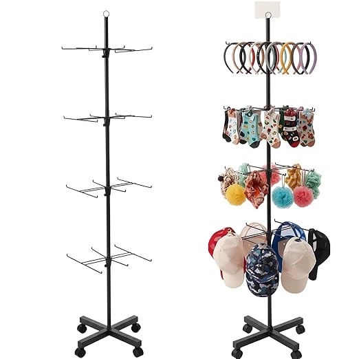 Ripeng 1 Pcs 4‑Tier Retail Display Stand – Rotating Display Rack with Wheels for Jewelry Keychains Socks Hats – Adjustable Movable Shop Spinner for Craft Shows Vendor Events & Stores Accessories,Black