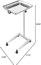 VEVOR Lab Cart, Stainless Steel Mayo Tray Stand 18 x 14 in Trolley Mayo Stand, Adjustable Height 32-51 in Instrument Tray with Removable Tray & 4 Omnidirectional Wheels, Ideal for Home Equipment