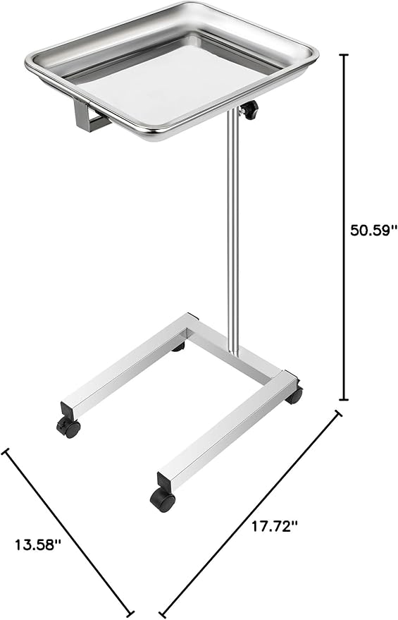 VEVOR Lab Cart, Stainless Steel Mayo Tray Stand 18 x 14 in Trolley Mayo Stand, Adjustable Height 32-51 in Instrument Tray with Removable Tray & 4 Omnidirectional Wheels, Ideal for Home Equipment