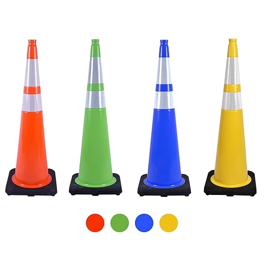 8 Pack 36 Inch Yellow Traffic Cones with Reflective Strips, Large Black Base Safety Cones for Industrial Sites, Warehouses and Emergency Marking (8, Yellow, 36 Inch)