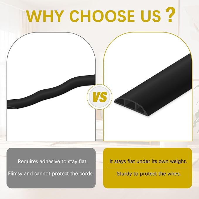 Floor Cord Cover 3.3FT Cord Covers for Wires on Floor Protect Wires & Prevent Trip Hazards, Easy to Cut for Home, Office, School, Concerts, Cavity W0.6in x H0.32in